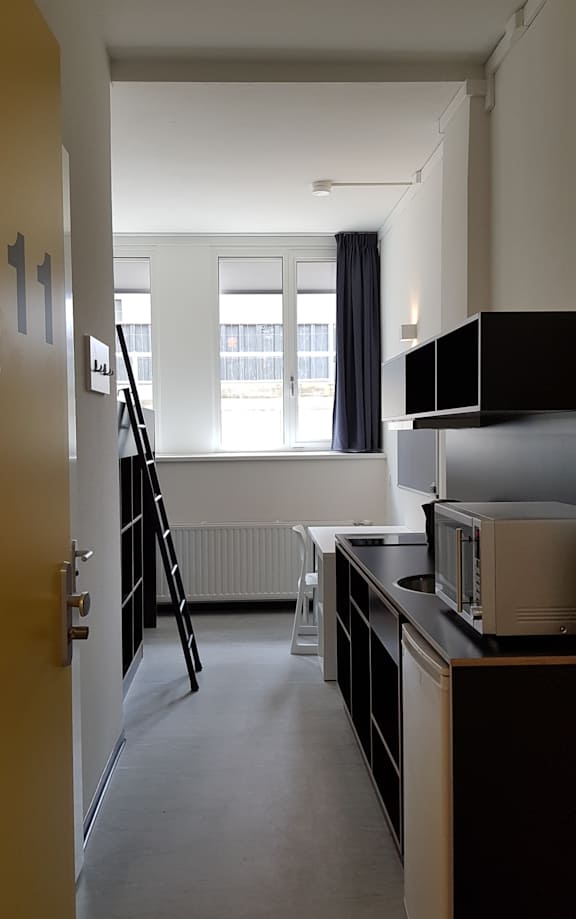 A modern kitchen with a stove top oven and a window.