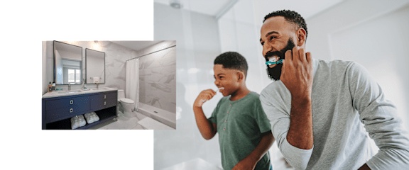Bathroom with 2 people brushing teeth at Hudson Piers, New York, 10701