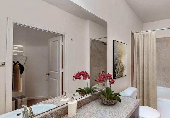 a bathroom with a sink and a tub and a shower