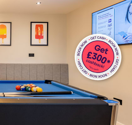 A pool table with a sign that says "Get Cash £300".