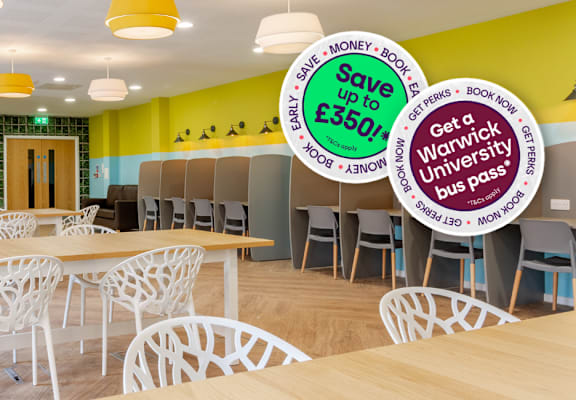 A room with tables and chairs and a sign that says Save up to £3.50.