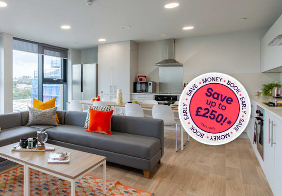 A living room with a grey couch and a sign that says "Save money up to £250m".