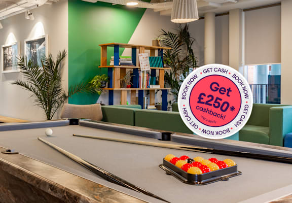 a game room with a pool table and a sign that reads get 250 cents off