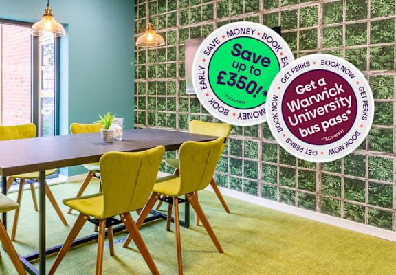 A dining room with a table and chairs and a sign offering a discount on a university pass.