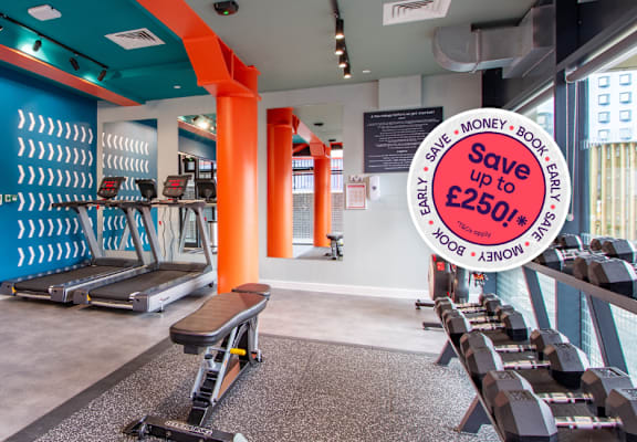A gym with a sign offering a free £250 voucher.