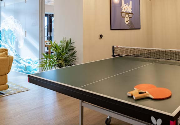 a ping pong table in the living room of a house
