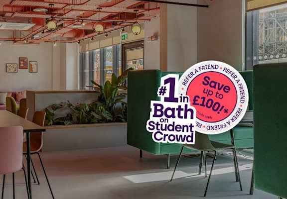 A sign in a room advertises a discount on baths for students.