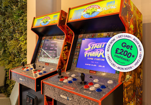 two arcade game machines in a room with a green plant