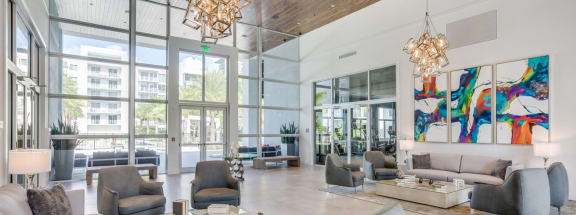 the lobby at the heights at harper's preserve apartments in conroe, tx