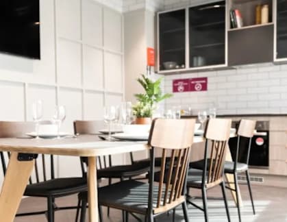 A dining table with chairs and a potted plant on it.