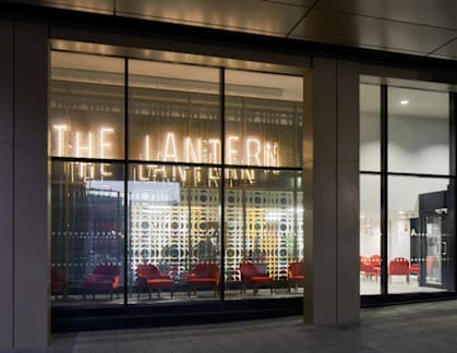 The lantern restaurant is lit up at night.
