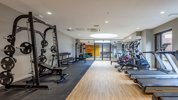 A gym with treadmills, weights, and other exercise equipment.