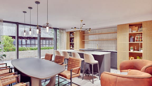 A modern dining room with a large table and chairs.