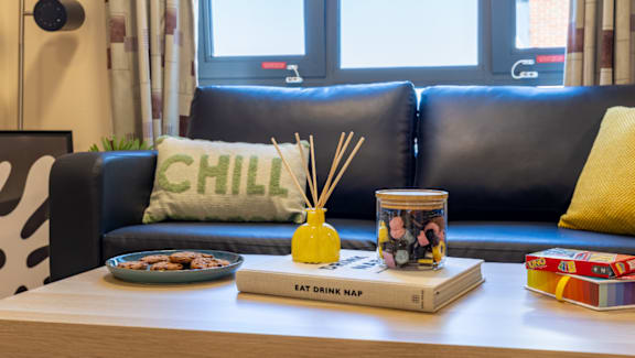 A black couch with a yellow pillow and a book titled "Eat Drink Nap" on a coffee table.