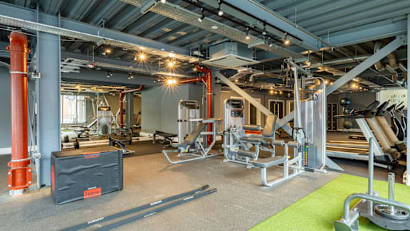 A gym with a green mat on the floor.