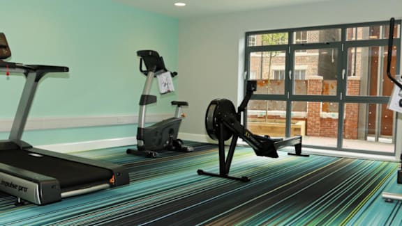 A gym with treadmills, elliptical machines and a weight machine.