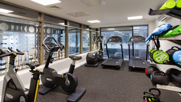 A gym with treadmills, exercise bikes and weights.