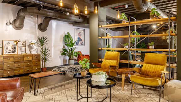 A room with a lot of furniture and plants.