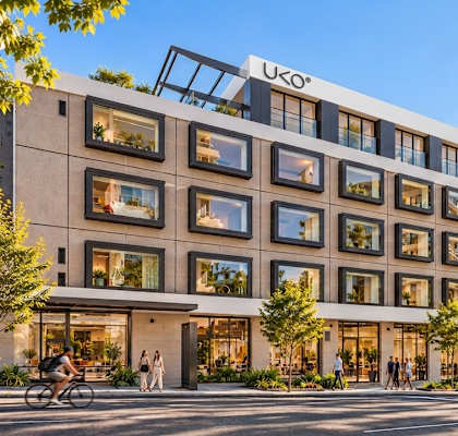 A modern building with the name U.K.O. on the top left corner.