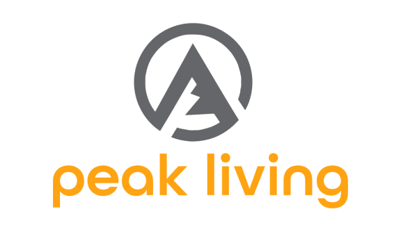 the logo for peak living with a black background and yellow