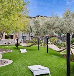 A backyard with a white hammock and a white bench.