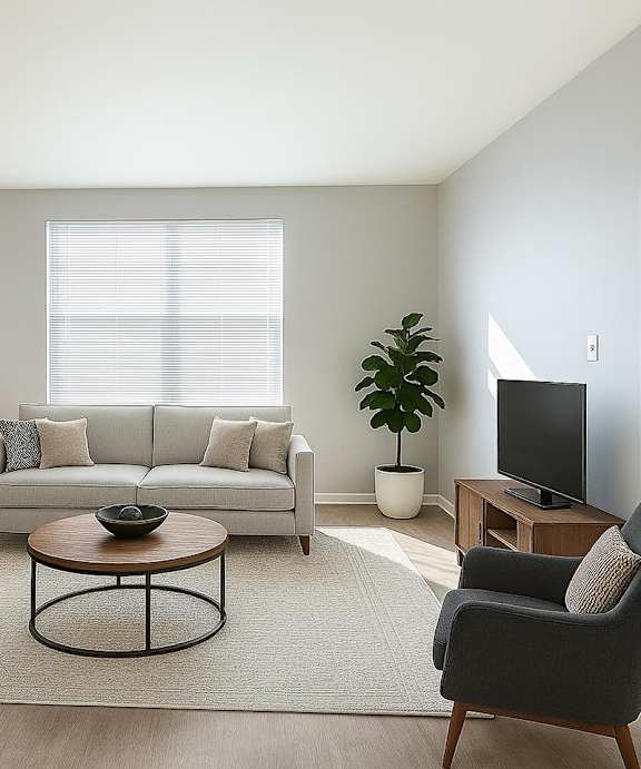 a living room with a blue couch and a kitchen with a balcony