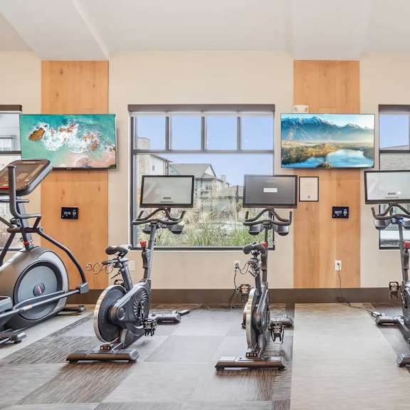 A room with exercise equipment and a view of the outside.