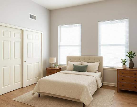a bedroom with a bed with pillows and two lamps