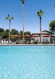 A pool area with multiple umbrellas and lounge chairs.