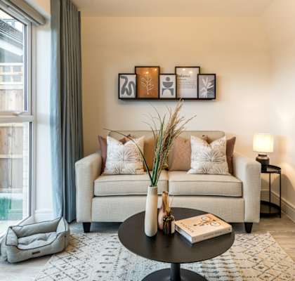 a living room with a couch and a coffee table