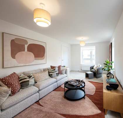 A living room with a grey couch and a brown rug.