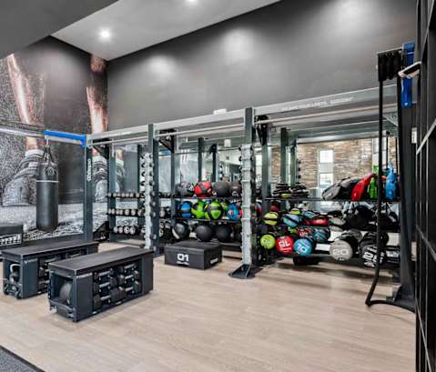 A gym with a variety of equipment including weights and weight racks. at The Laurel Apartments, Chandler