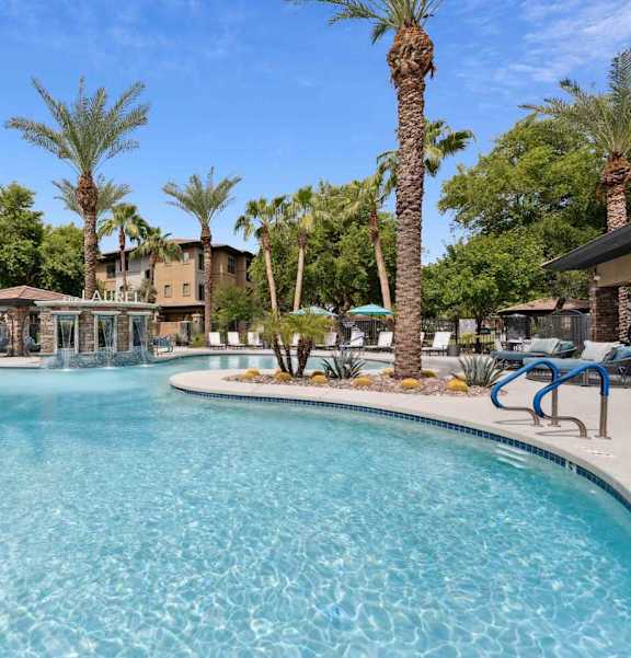 A large swimming pool surrounded by palm trees and lounge chairs. at The Laurel Apartments, Chandler Arizona
