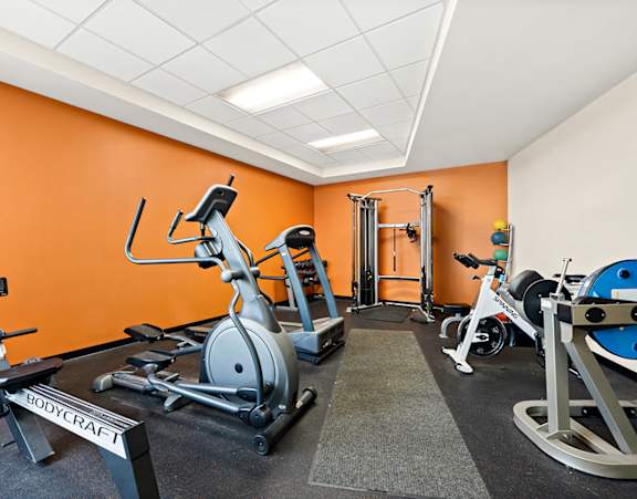 a row of treadmills in a gym with a large amount of windows and other gym equipment
