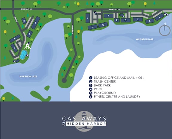 A map of a resort with a compass on it.