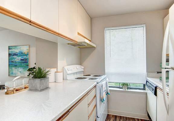A white kitchen with a white fridge and a white counter top.