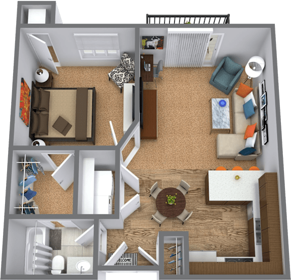 A 3D floor plan of a house showing a living room, kitchen, and dining area.