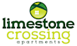 A logo for limestone crossing apartments with a green circle and a white house inside it.