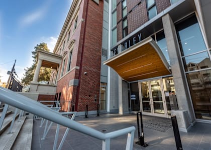 a view of the entrance to the city hall building