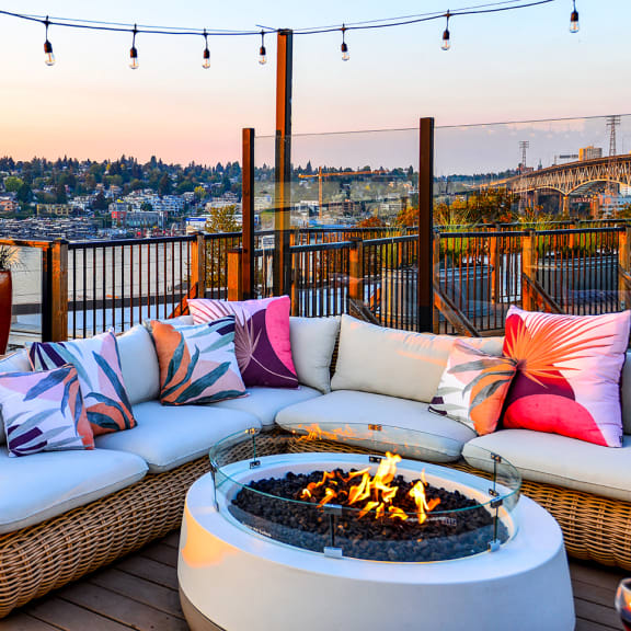 rooftop with firepit and lakeviews
