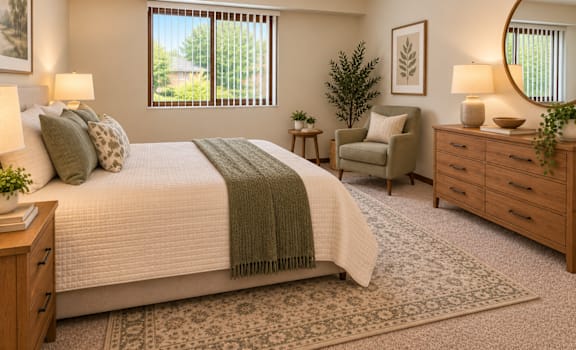 A bedroom with a large bed, a chair, and a potted plant.