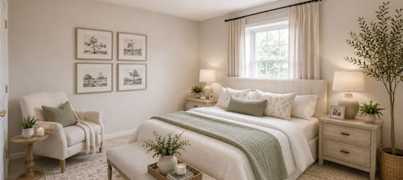 A bedroom with a large bed, a chair, and a table with a plant on it.