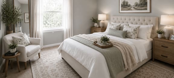 A bedroom with a large bed, a chair, and a painting on the wall.