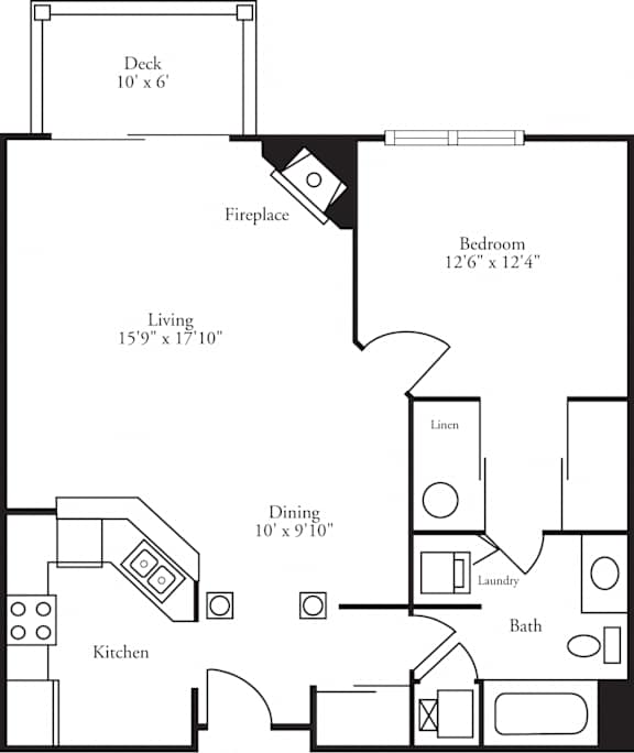 Layout of the 1 Bed, 1 Bath Aberdeen apartment home located at the pinnacle at the club at brookfield hills