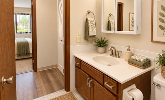 A bathroom with a white sink and brown wooden cabinets.