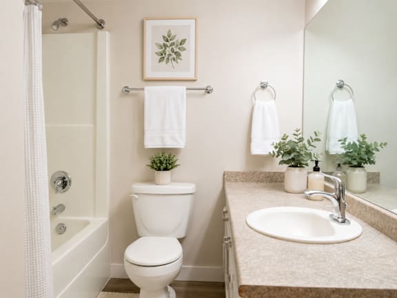 A white bathroom with a toilet, sink, and a plant.