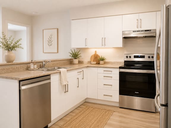 A modern kitchen with white cabinets and stainless steel appliances.