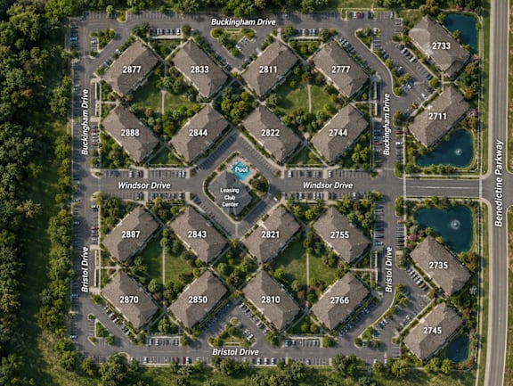 A bird's eye view of a housing complex with roads named Windsor Drive and Bristol Drive.
