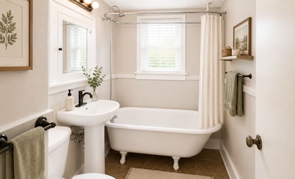 A white bathroom with a tub, sink, and toilet.