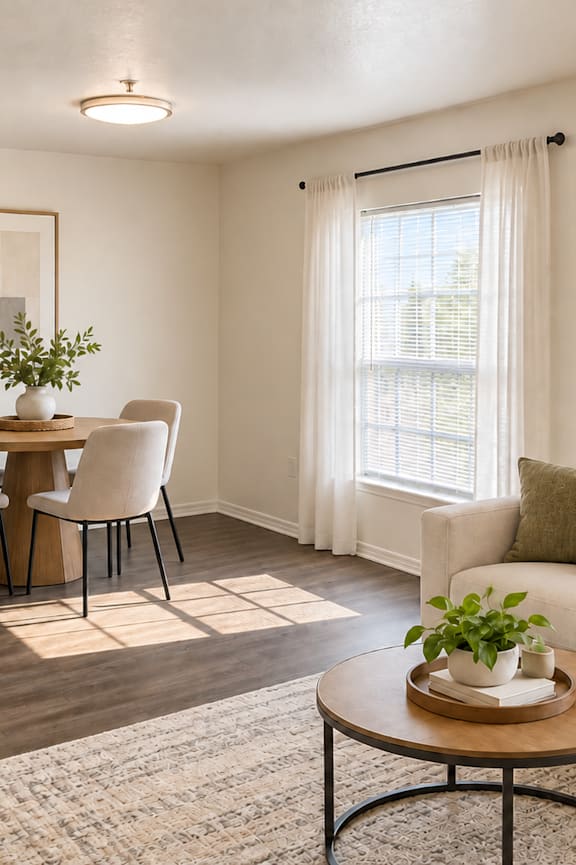A living room with a dining table and chairs.